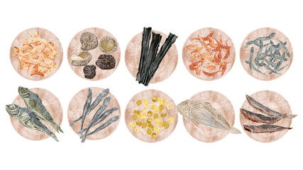 和風出汁の材料を載せた木皿のイラスト