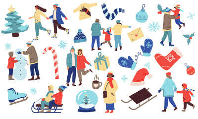 Winter set. People in cozy clothes with Christmas doodle elements, advertising warm scarf sweater hat gloves. Cold season leisure activity, outdoor sport games. Vector december vacation collection