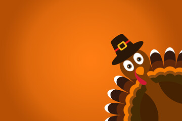 Cute Cartoon Turkey Pilgrim with hat on orange gradient background Thanksgiving poster.