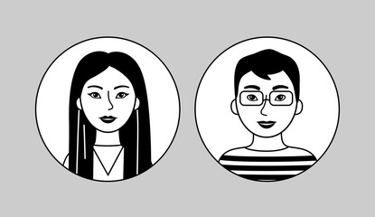 Asian man and woman, black and white vector pictogram. .Korean, Japanese or Chinese, simple flat icon. Cartoon friendly cute people, outline avatars.