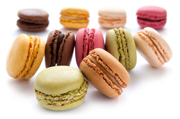 Colorful French Macarons on the white background