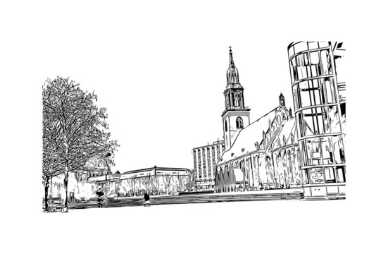 recommend clip art: Building view with landmark of Berlin, Germany’s capital, dates to the 13th century. Hand drawn sketch illustration in vector.