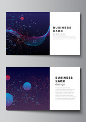 Vector layout of two creative business cards design templates, horizontal template vector design. Artificial intelligence, big data visualization. Quantum computer technology concept.