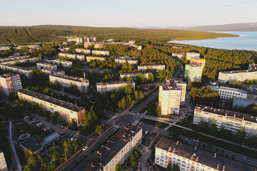 Aerial Townscape of Town Poliarnye Zori located in Northwestern Russia