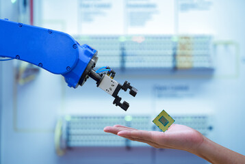 Close-up CPU chipset processor on hand human for sending to automation robot for upgrade efficiency...