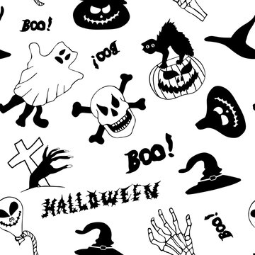 Seamless pattern in Doodle style. Illustration on the theme of Halloween. Image with skulls, pumpkins, hats and bones
