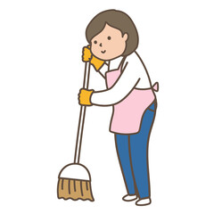 箒で掃き掃除をするエプロンを着た女性