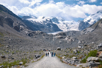 Morteratsch, Switzerland - July 22, 2020 : View of Morteratsch Glacier trail