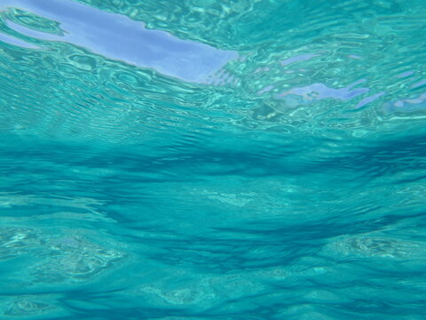 A photograph of vibrant blue clear water. Tropical background texture, travel concept © LizFoster