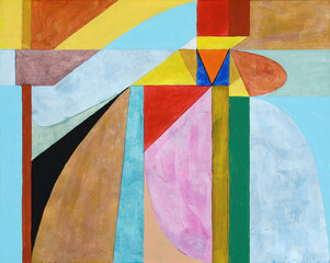 A painting; colorful hard-edged geometric abstraction with textured blocks of color.