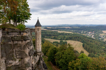 Fototapeta na wymiar View from Fortress Koenigstein to the landscape in Saxony Switzerland. Germany