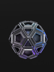 Abstract football ball inside of steel geometrical frame , made from triangles and pentagons isolated on black background, 3d rendering