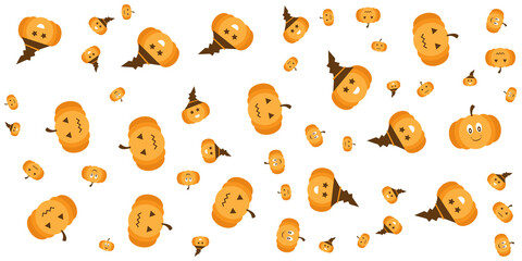 Happy Halloween party label/ invitation Composition with lantern pumpkins, party decorations and sweets on a colorful abstract background. Top view doodle pattern vector illustration.