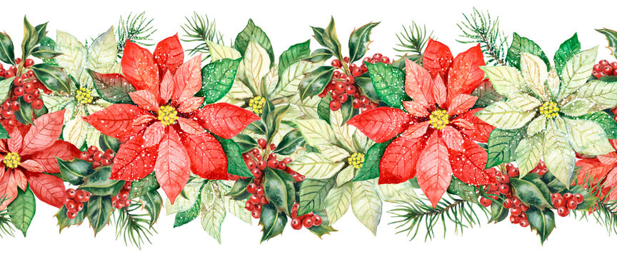 Watercolor seamless christmas border, poinsettia red flowers, holly berries, white poinsettia, new year decor