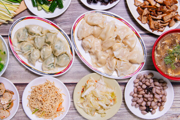 The dough is flour and the filling is meat and vegetables.