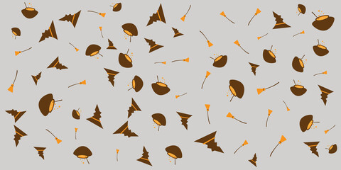 Happy Halloween Party Background with pumpkins, ghosts, candy, witch broom, bats, cobwebs, skulls, bones, headstones, witch hats. Paper art style. Vector Illustration icon doodle seamless pattern