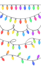 Watercolor christmas lights set isolated on white background. Various multicolor garlands for cards decoration