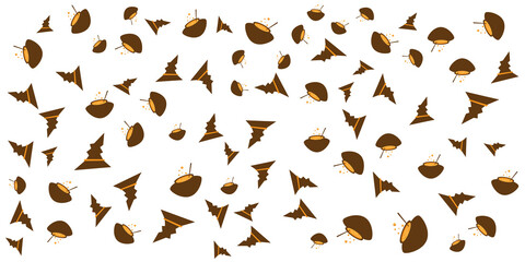 Happy Halloween Party Background with pumpkins, ghosts, candy, witch broom, bats, cobwebs, skulls, bones, headstones, witch hats. Paper art style. Vector Illustration icon doodle seamless pattern