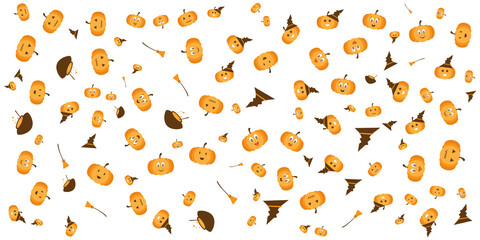 Happy Halloween Party Background with pumpkins, ghosts, candy, witch broom, bats, cobwebs, skulls, bones, headstones, witch hats. Paper art style. Vector Illustration icon doodle seamless pattern