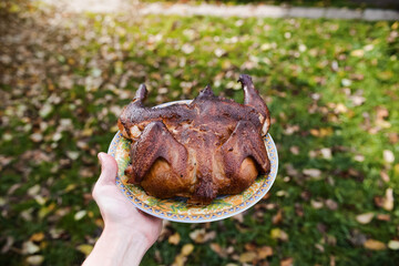 A man is holding a dish of fried chicken. Grilled whole chicken on the background of the garden, close-up. Outdoor picnic