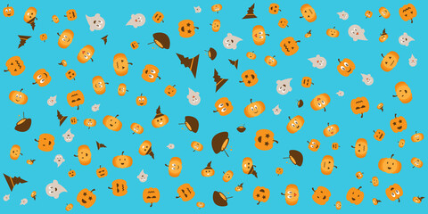 Happy Halloween Party Background with pumpkins, ghosts, candy, witch broom, bats, cobwebs, skulls, bones, headstones, witch hats. Paper art style. Vector Illustration