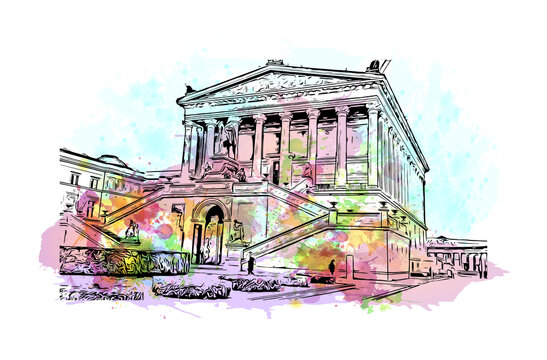 recommend clip art: Building view with landmark of Berlin, Germany’s capital, dates to the 13th century. Watercolor splash with hand drawn sketch illustration in vector.