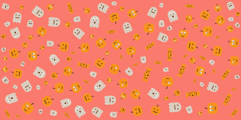 Happy halloween holiday background with pumpkin ghost and candies. Vector illustration