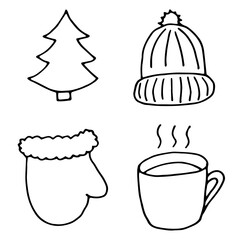 Set of winter elements, hand drawn doodle style illustrations. Hat, mitten, mistletoe and cup of hot drink. Black objects isolated on white board. Vector illustration. Good for print, cards, design