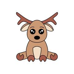 Confused cute reindeer. Funny deer cartoon character doodle. Reindeer with big eyes sitting. Isolated on white background with outline. Wildlife animal kids drawing. Vector illustration, flat,clip art