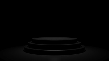 3d render. Black round podium on dark background. Empty pedestal for award ceremony.