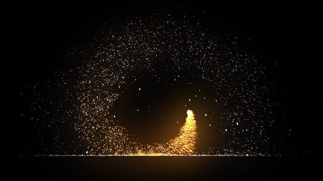 Slow motion sparks fly away from a rotating firecracker fire on black background with alpha channel