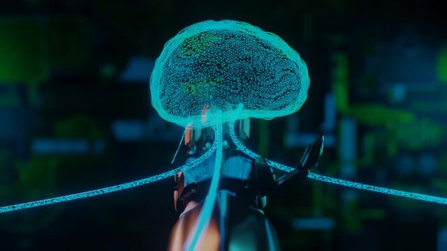 Artificial intelligence and machine learning 3D render concept animation. Big data information cyborg futuristic AI cloud computing. Connection computing network, industry 4 tech nanotechnology