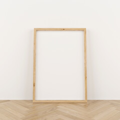 Vertical wooden frame mock up. Wooden frame poster on wooden floor with white wall. 3D illustrations.