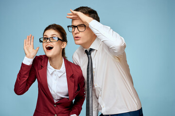 Business young couple officials office team office blue background