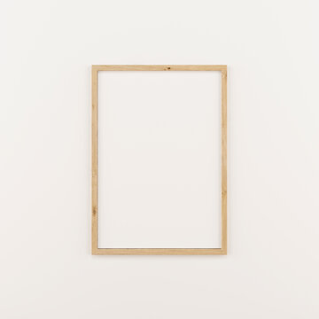Thin vertical wooden frame on white wall. 3d illustration.