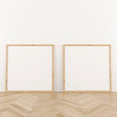 Fototapeta na wymiar Two square wooden frame mockup. Two mock up poster on wooden floor. 2 frame 3d illustrations.