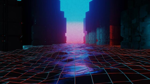 Retro abstract futuristic abstract tunnel in cyberspace. Floating 3D render animation in seamless loop, motion design. Future technology landscape, geometric grid, abstract polygon synthwave