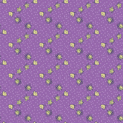 Small yellow flowers seamless vector pattern on purple. Girly surface print design for fabrics, stationery, scrapbook paper, textiles, gift wrap, and packaging.