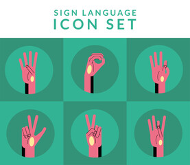 Fototapeta premium hand sign language alphabet line and fill style collection of icons vector design