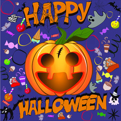 Happy Halloween banner or party invitation background with spiders web, flying bats  and pumpkin. Vector illustration.