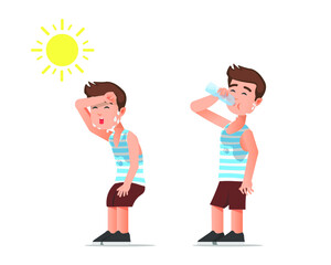 Fototapeta premium A boy feels hot then drinks mineral water