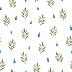Seamless autumn pattern with leaves and raindrops. Hand drawn in watercolor. For wrapping paper, wallpaper, textiles and more.