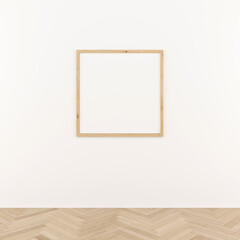Thin square wooden frame on white wall. 3d illustration.
