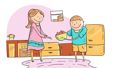 Little boy helping her mother in home in household work, Cute Vector illustration