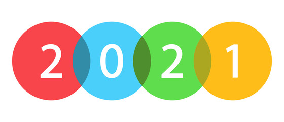 2021 New Year numbers in color transparent circles. Happy New Year logo design. 2021 text design template. Vector illustration.