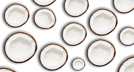 pattern with fresh coconuts top view. space for text. tropical fruit