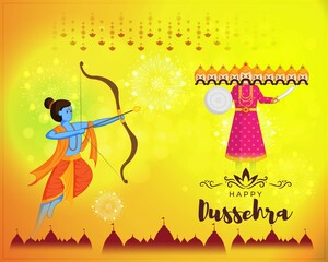Vector illustration of Happy Dussehra greeting, Indian festival, Lord Rama holding bow and arrow in hands killing Ravana, fireworks, danglers, beautiful bokeh background.