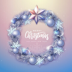 Fototapeta na wymiar Winter seasonal Christmas background. Christmas holiday realistic decorative wreath. Vector illustration