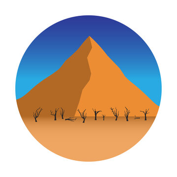 Stylized Namib desert landscape with dune and dry trees