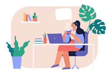 Fototapeta premium Woman sitting with laptop at a table in the office and drinking hot coffee. Break from work in the office. Flat vector illustration